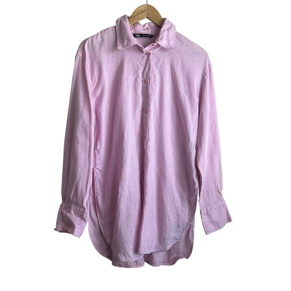 Zara‎ Women Tunic Top M Pink Linen Button Up Preppy Coastal Beachy Cottage Vacay - Picture 1 of 15
